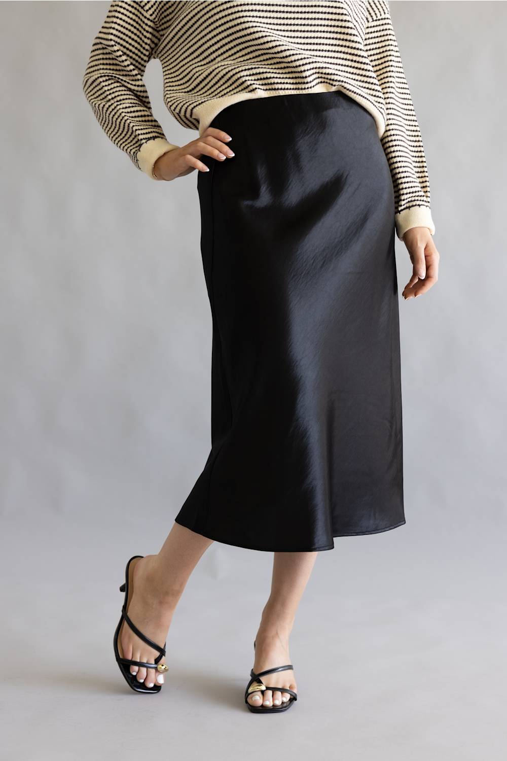 Aaron & Amber A-Line Satin Midi Skirt for Women in Black