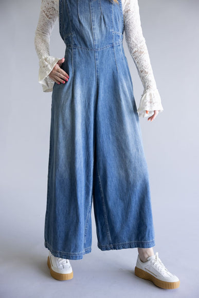 Aaron & Amber Denim Wide Leg Overalls for Women in Medium Wash