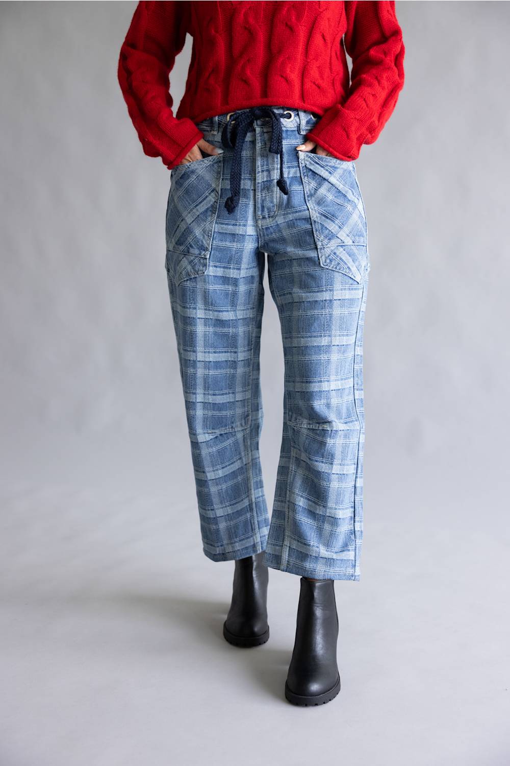 Aaron & Amber Drawstring Plaid Barrel Jeans for Women in Denim