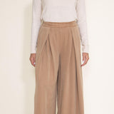 Pintucked Flowy Wide Leg Pants for Women in Taupe
