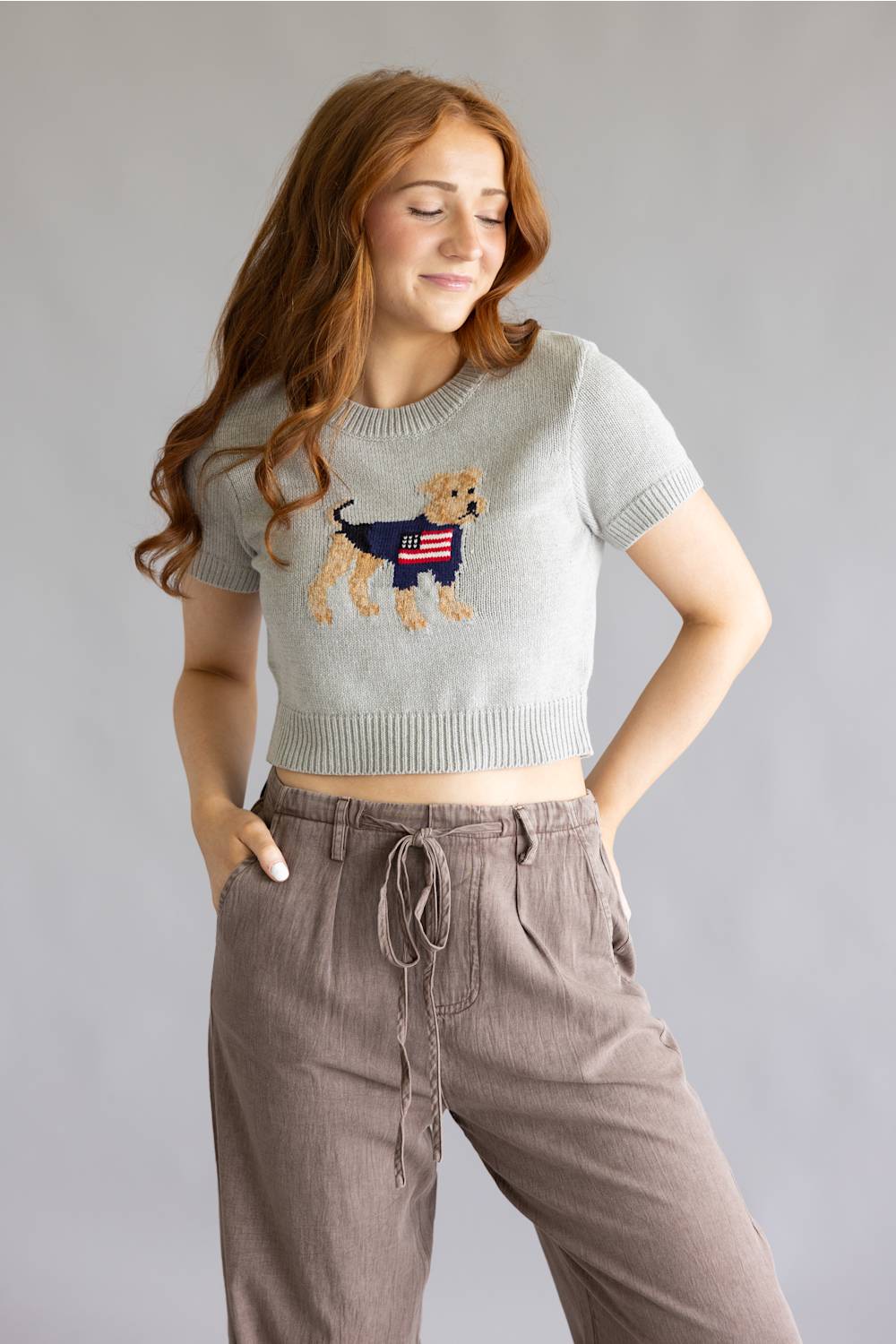 Americana Dog Cropped Sweater Top for Women in Heather Grey