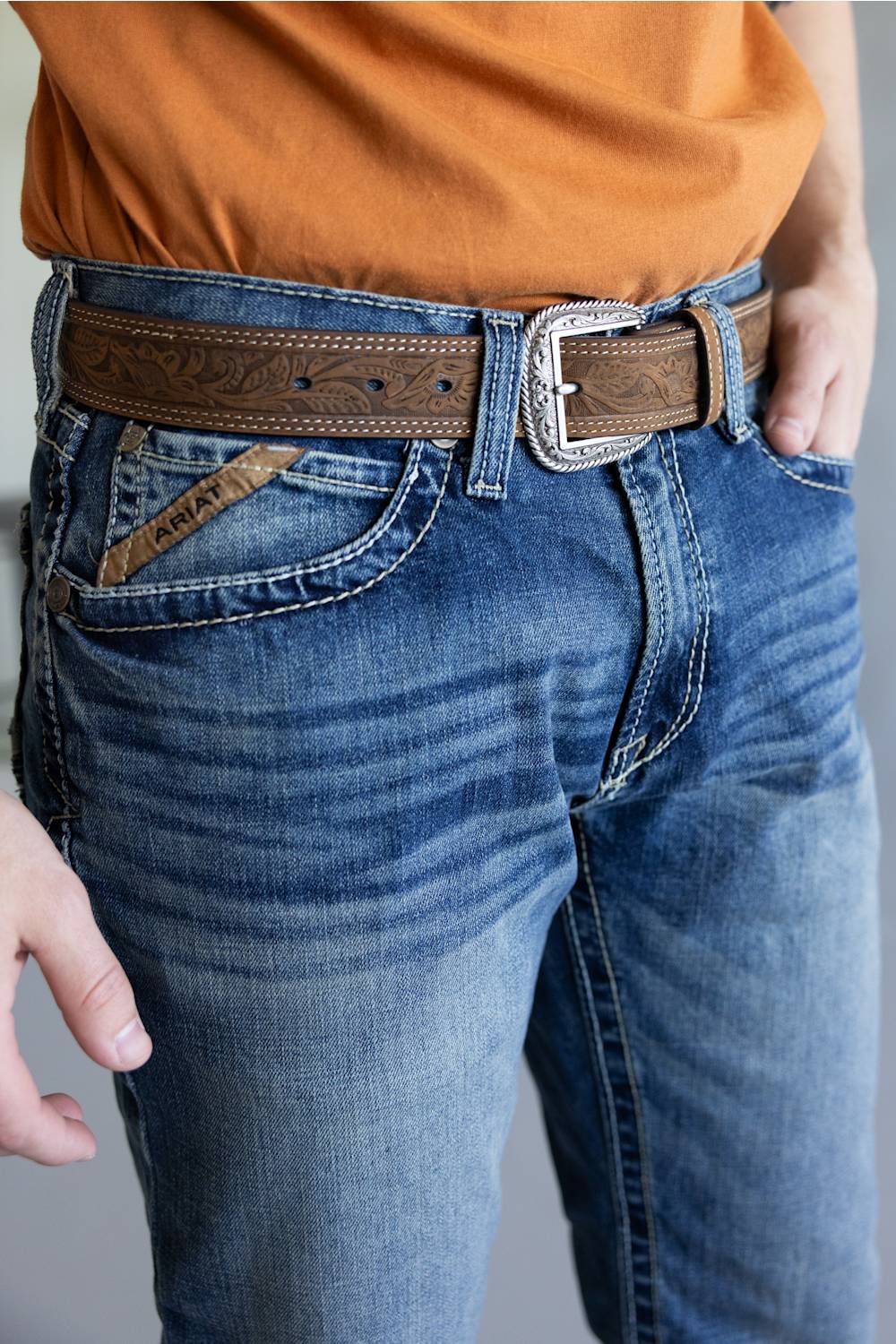 Ariat Tooled Double Stitched Leather Belt for Men in Brown