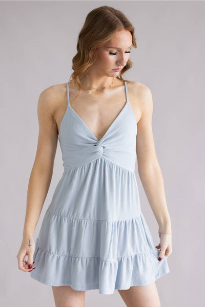 Twist Front Ribbed Dress for Women in Coastal Blue at Glik's , M Twist Front Ribbed Dress for Women in Coastal Blue at Glik's , M