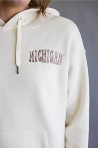 Michigan Wave Embroidered Hoodie for Women in Coconut | B13619-MI-EMBHOOD-COCONUT