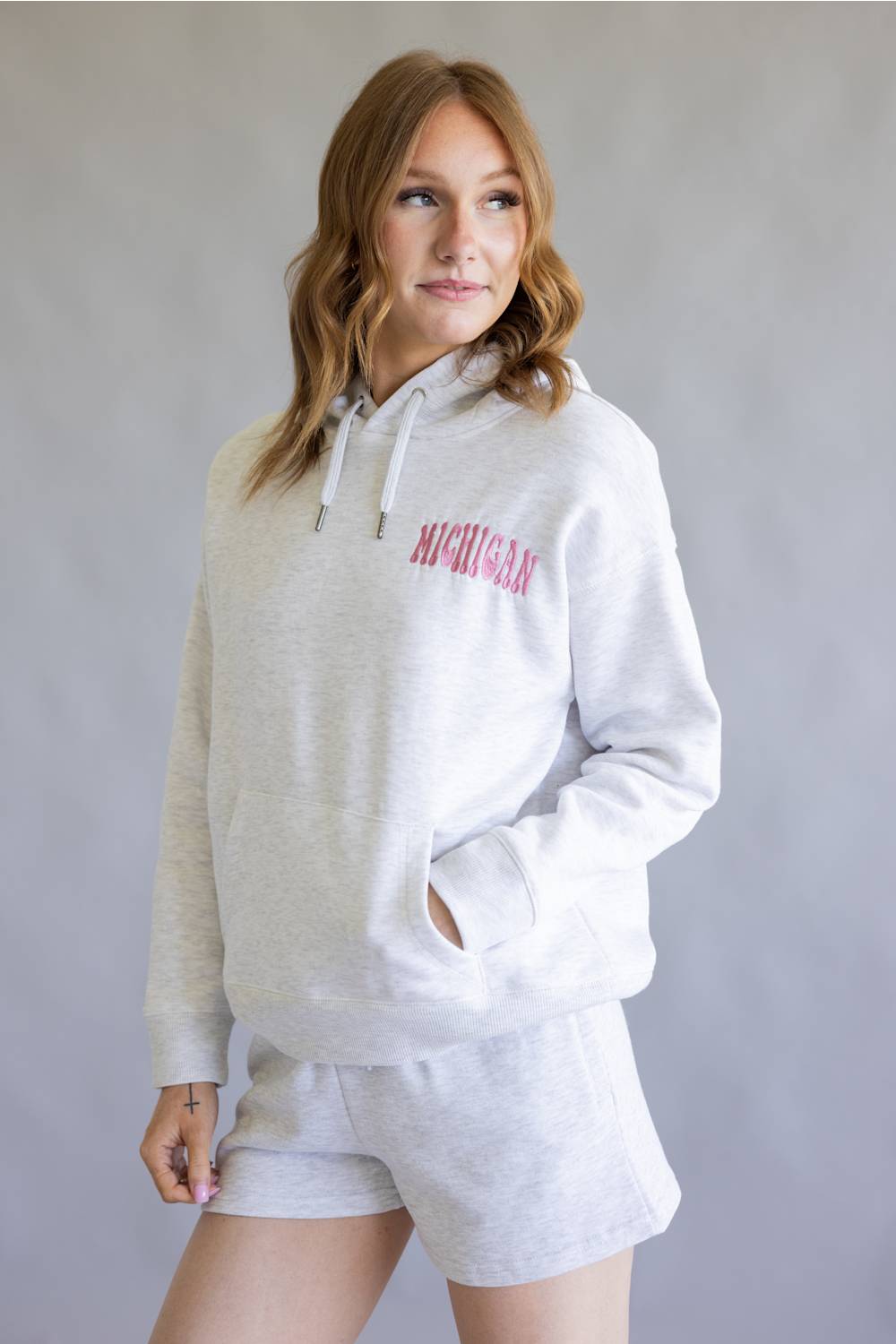 Michigan Wave Embroidered Hoodie for Women in Grey