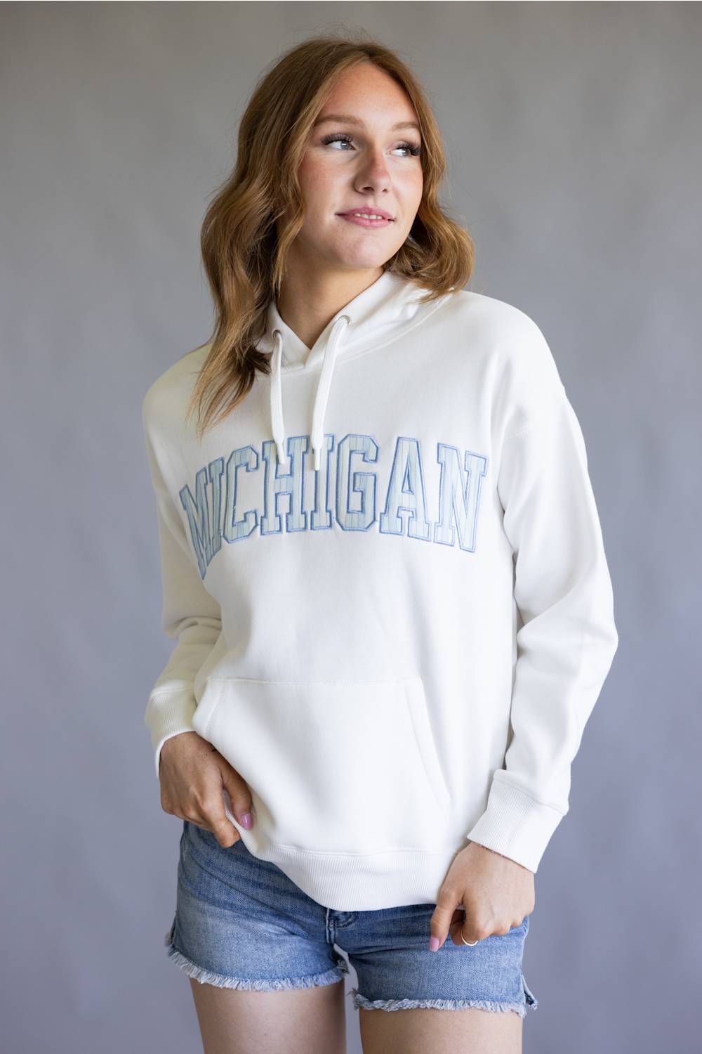 Striped Michigan Embroidered Hoodie for Women in White