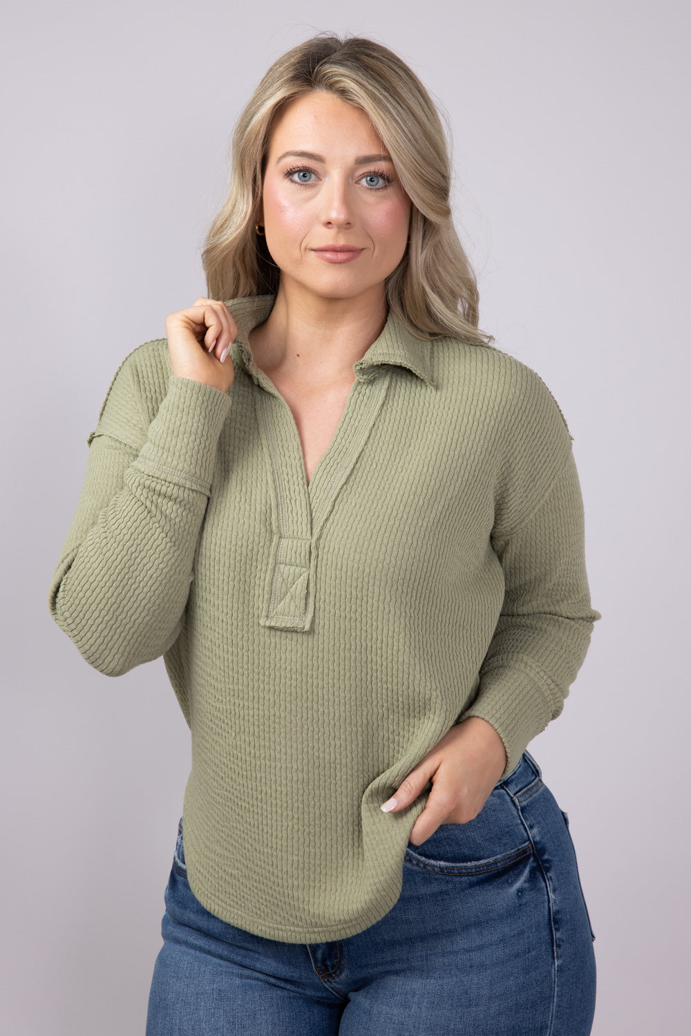 Blu Pepper Ribbed Knit Johnny Collar Polo Shirt for Women in Light Olive