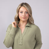 Blu Pepper Ribbed Knit Johnny Collar Polo Shirt for Women in Light Olive