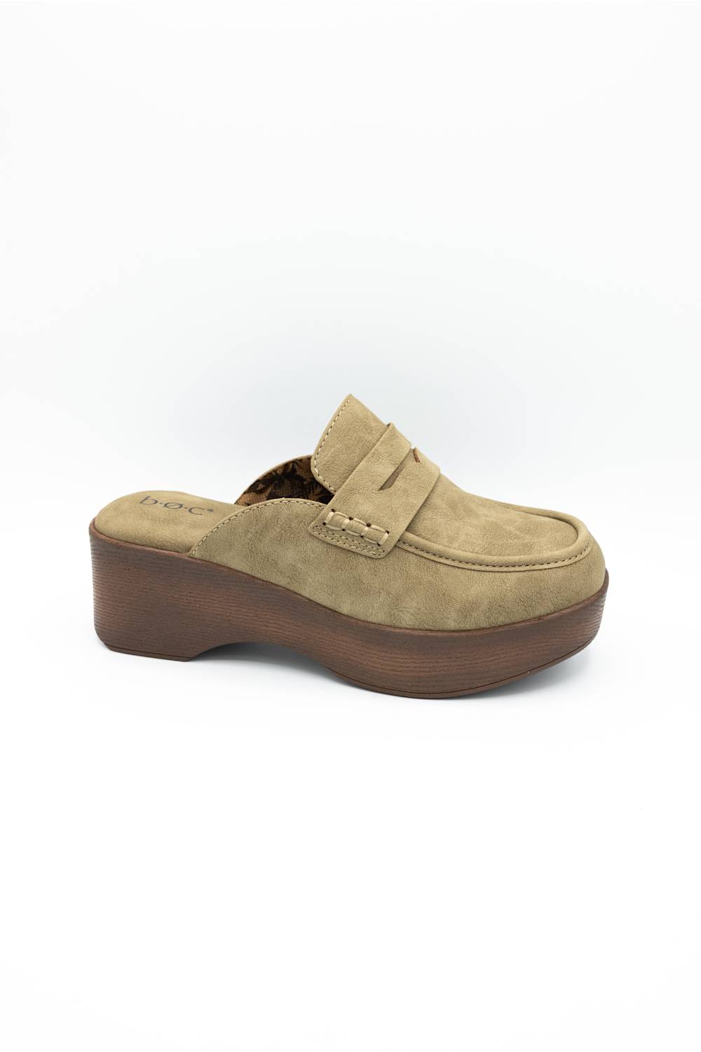 A single taupe suede platform mule shoe with a brown wedge heel, shown from a side profile on a white background.