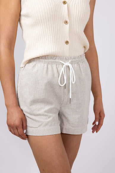 Pinstripe Drawstring Linen Shorts for Women in Khaki