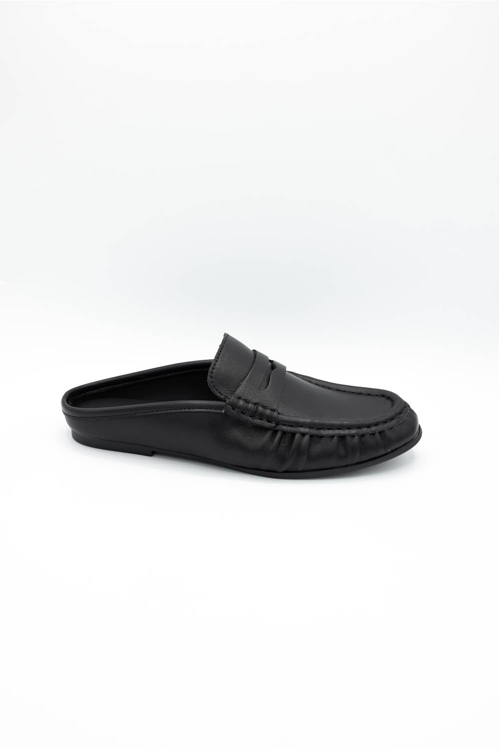 A single black leather slip-on loafer mule shown in a side profile on a clean white studio background.