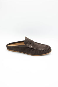 A single dark brown suede mule loafer shown from a side profile on a clean white background.