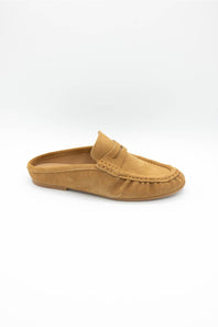 A single tan suede mule loafer shown from a side profile view on a clean white background.