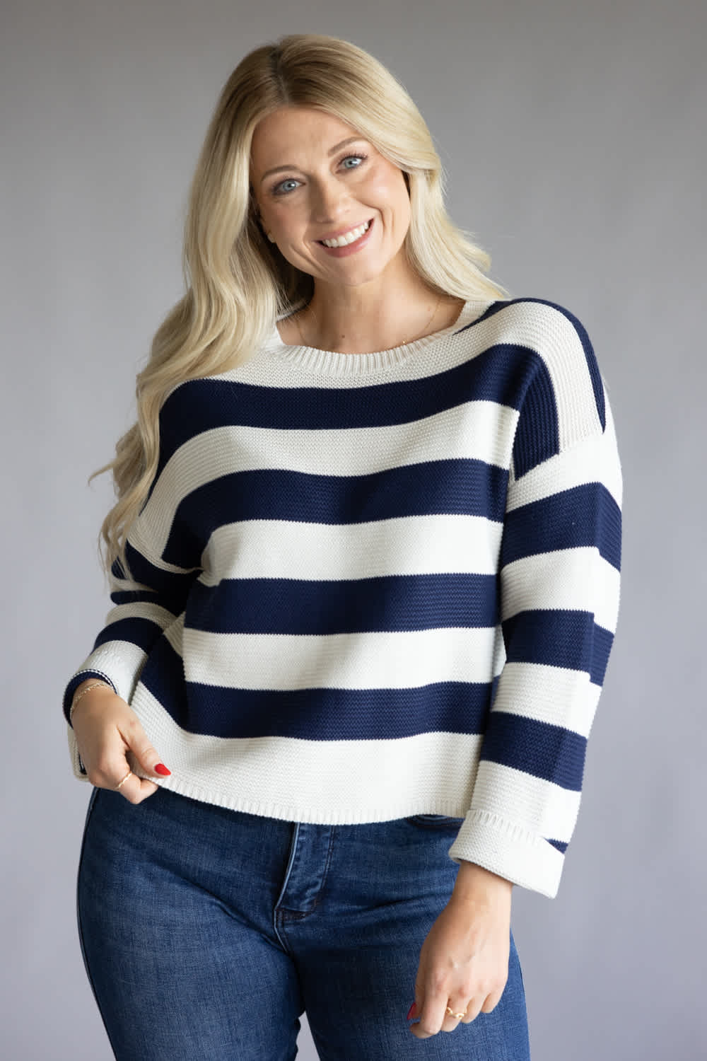 Drop Shoulder Striped Sweater for Women in Navy