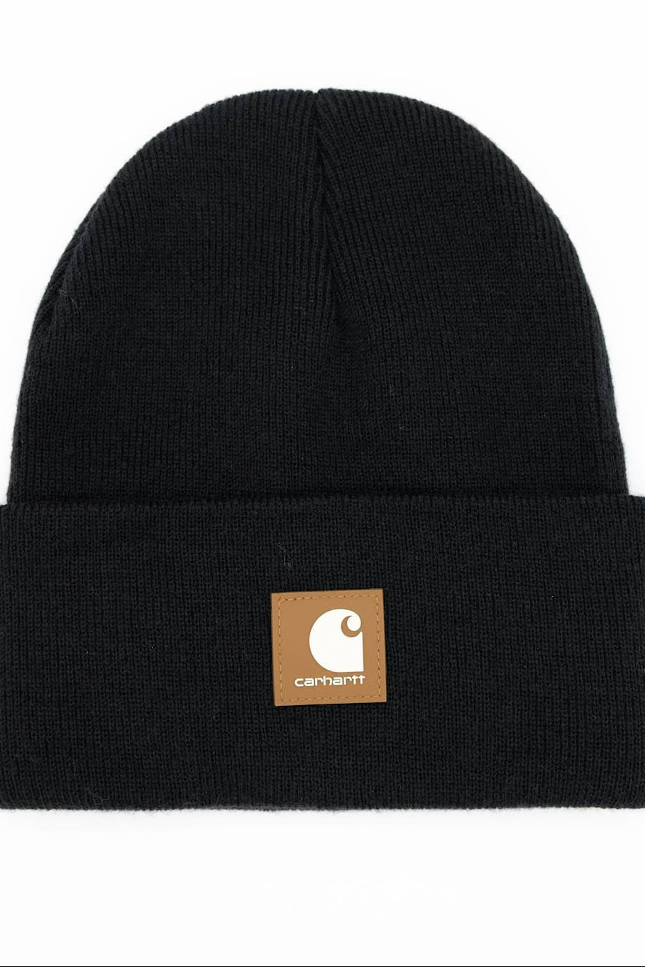 A black ribbed knit beanie hat with a folded cuff, featuring a brown Carhartt brand patch on the front.