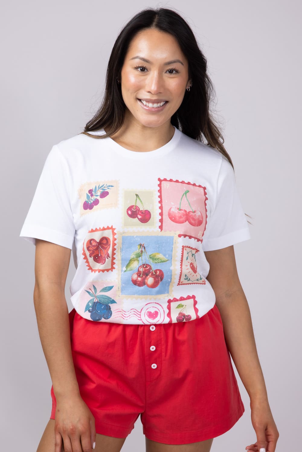 Cherry Stamps Graphic T-Shirt for Women in White | 71124X-TS
