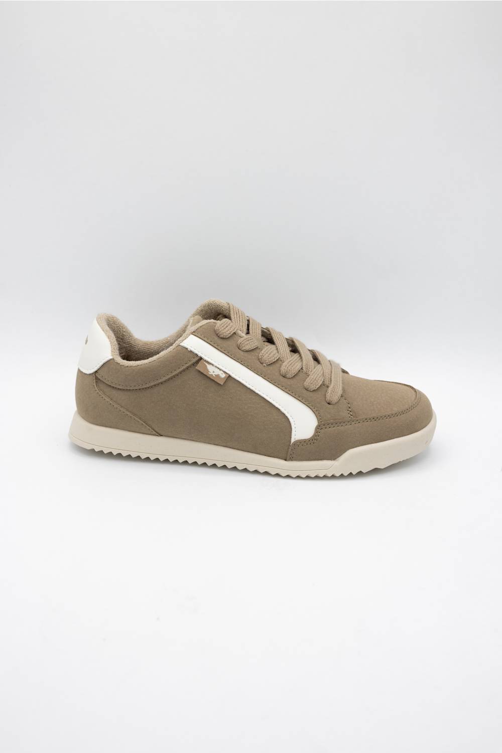 A low-top sneaker in taupe brown suede and canvas with a contrasting white side stripe, white heel tab, and white sole, shown against a plain light gray background.