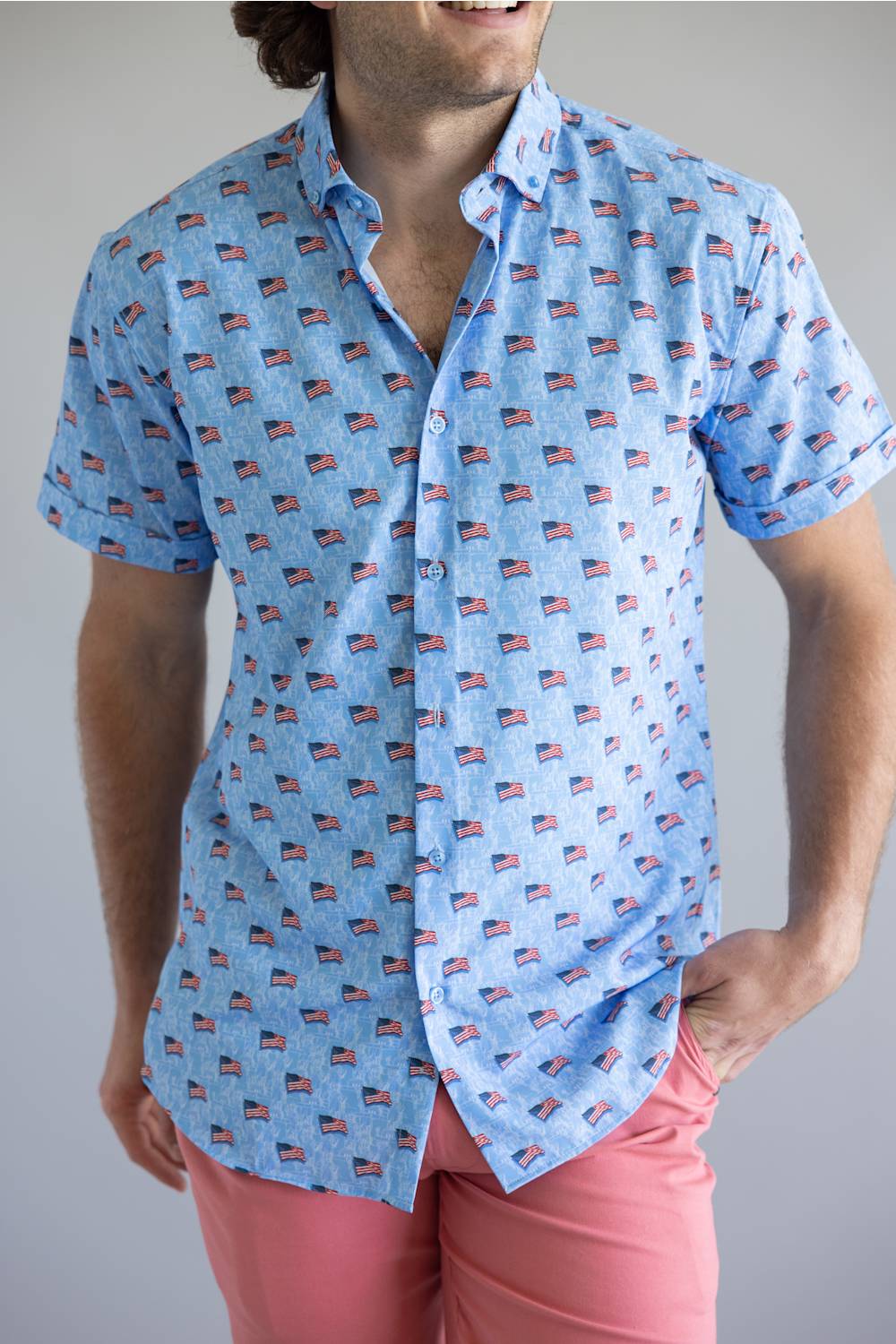  USA Flag Pattern Button Down Shirt for Men in Blue. 