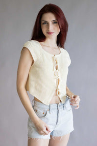 Crotchet Tie Front Knit Top for Women in Cream