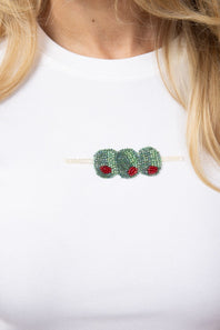 Beaded Olive T-Shirt for Women in White