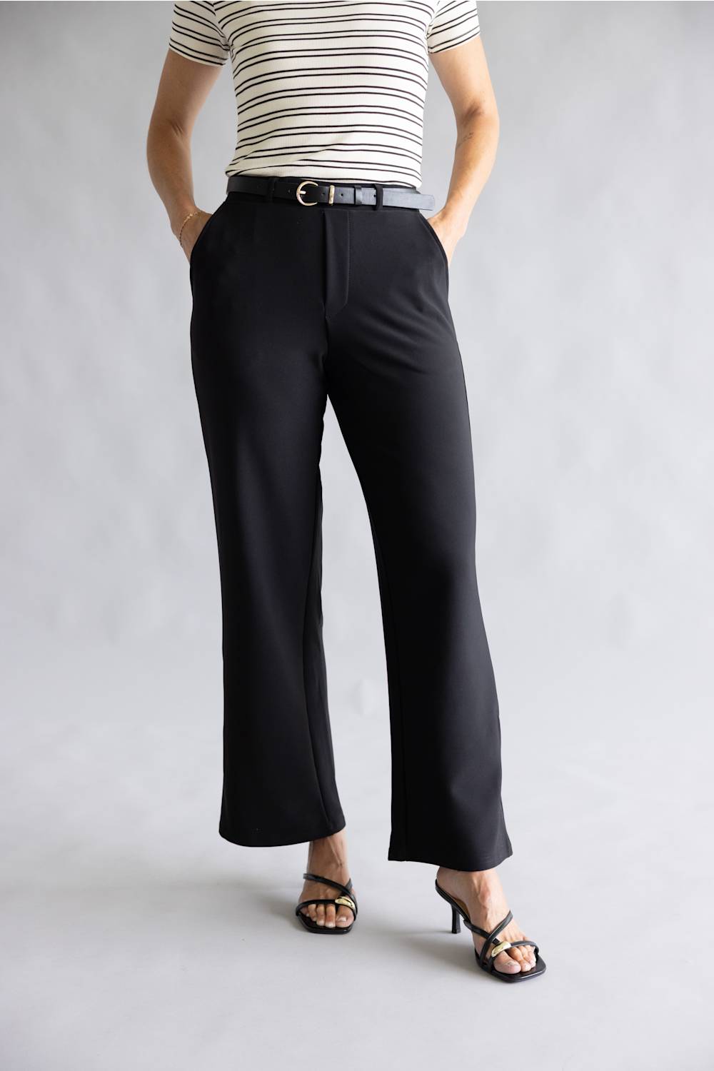 Belted Wide Leg Trouser Pants for Women in Black