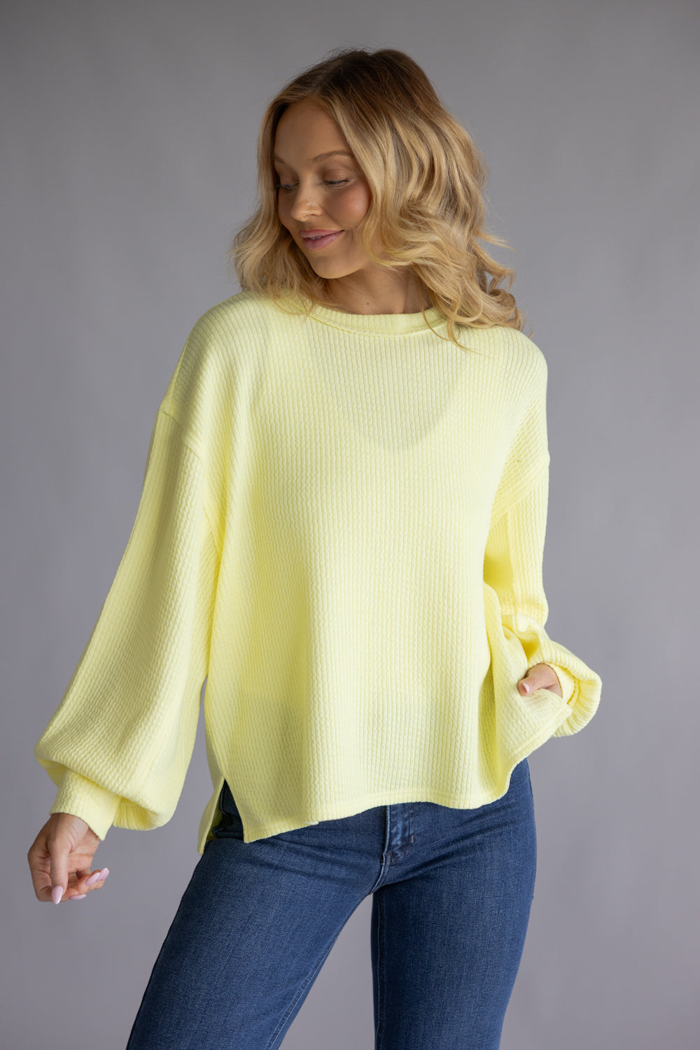 Blu Pepper Crewneck Ribbed Knit Shirt for Women in Yellow