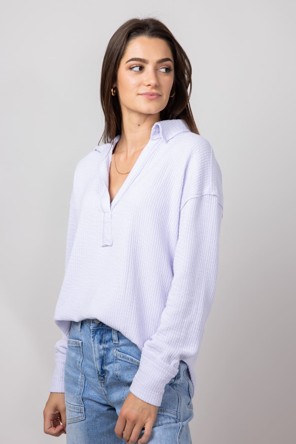 Blu Pepper Ribbed Knit Johnny Collar Polo Shirt for Women in Lavender