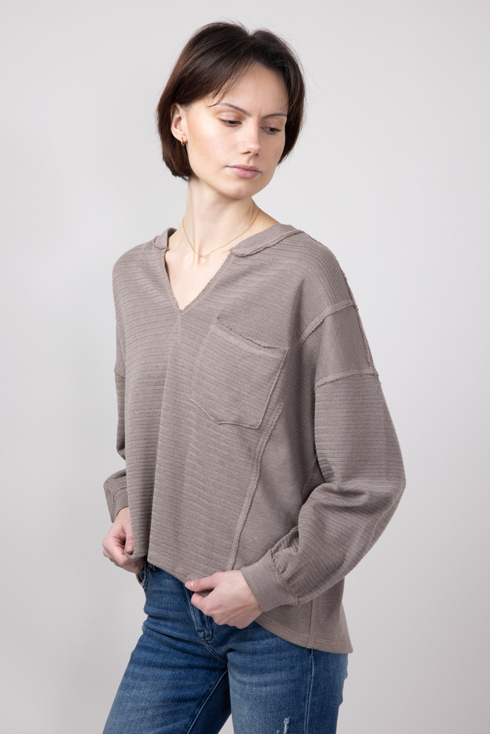 Blu Pepper Notched V-neck Knit Top for Women in Light Mocha