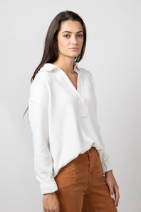 Blu Pepper Ribbed Knit Johnny Collar Polo Shirt for Women in Oatmeal 