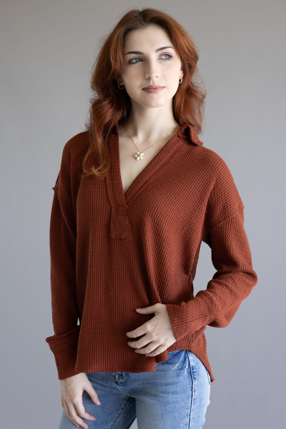 Blu Pepper Ribbed Knit Johnny Collar Polo Shirt for Women in Rust