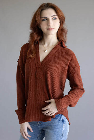 Blu Pepper Ribbed Knit Johnny Collar Polo Shirt for Women in Rust