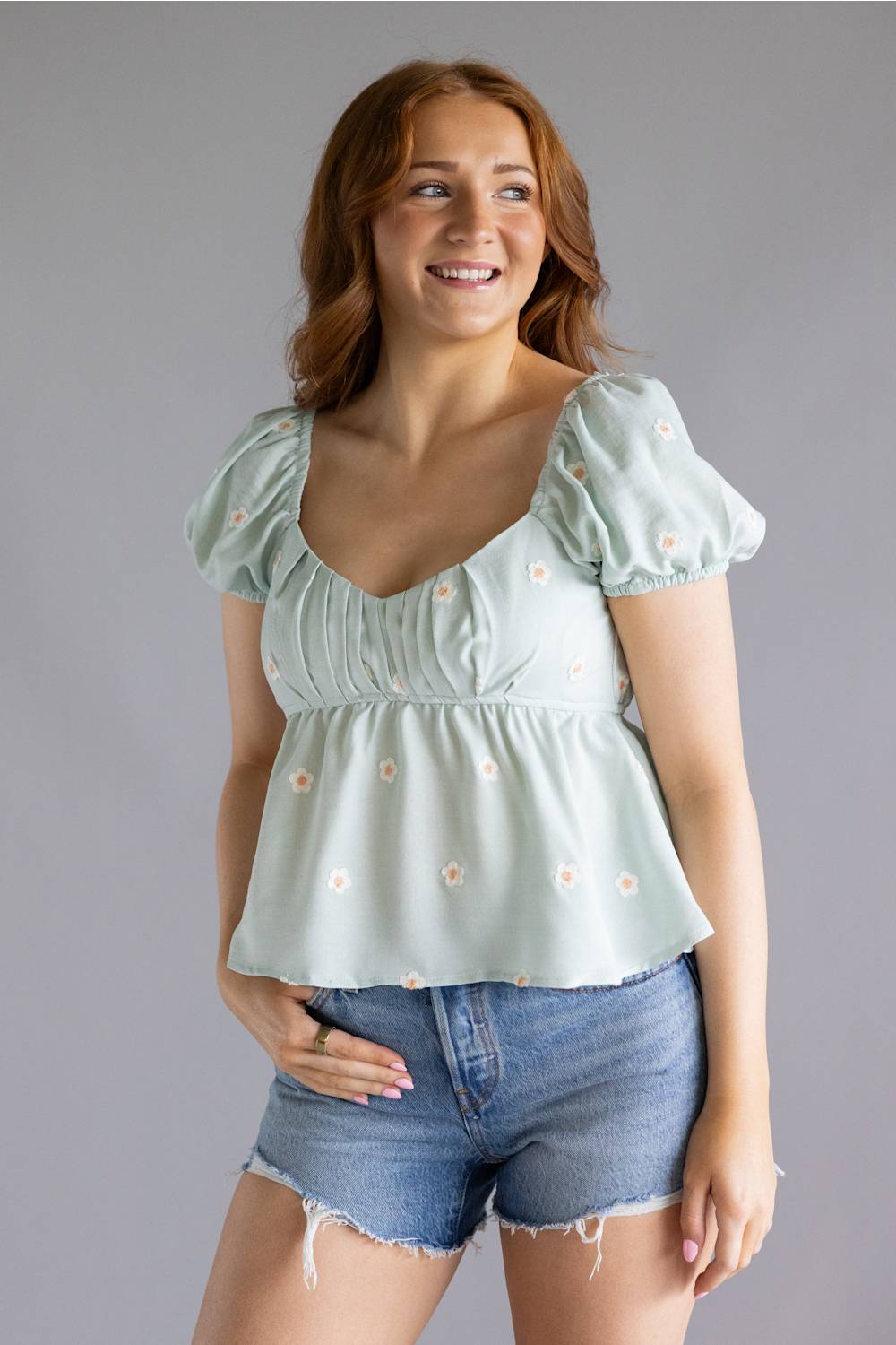 Blu Pepper Woven Floral Puff Sleeve Top for Women in Mint