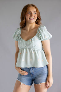 Blu Pepper Woven Floral Puff Sleeve Top for Women in Mint