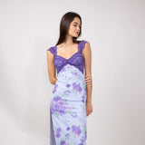 Mesh Floral Print Lace Detail Maxi Dress for Women in Light Blue