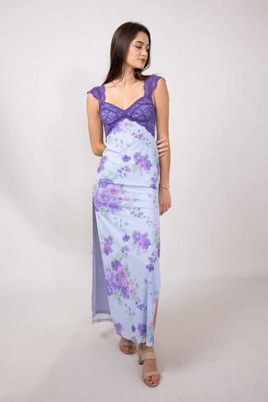 Mesh Floral Print Lace Detail Maxi Dress for Women in Light Blue
