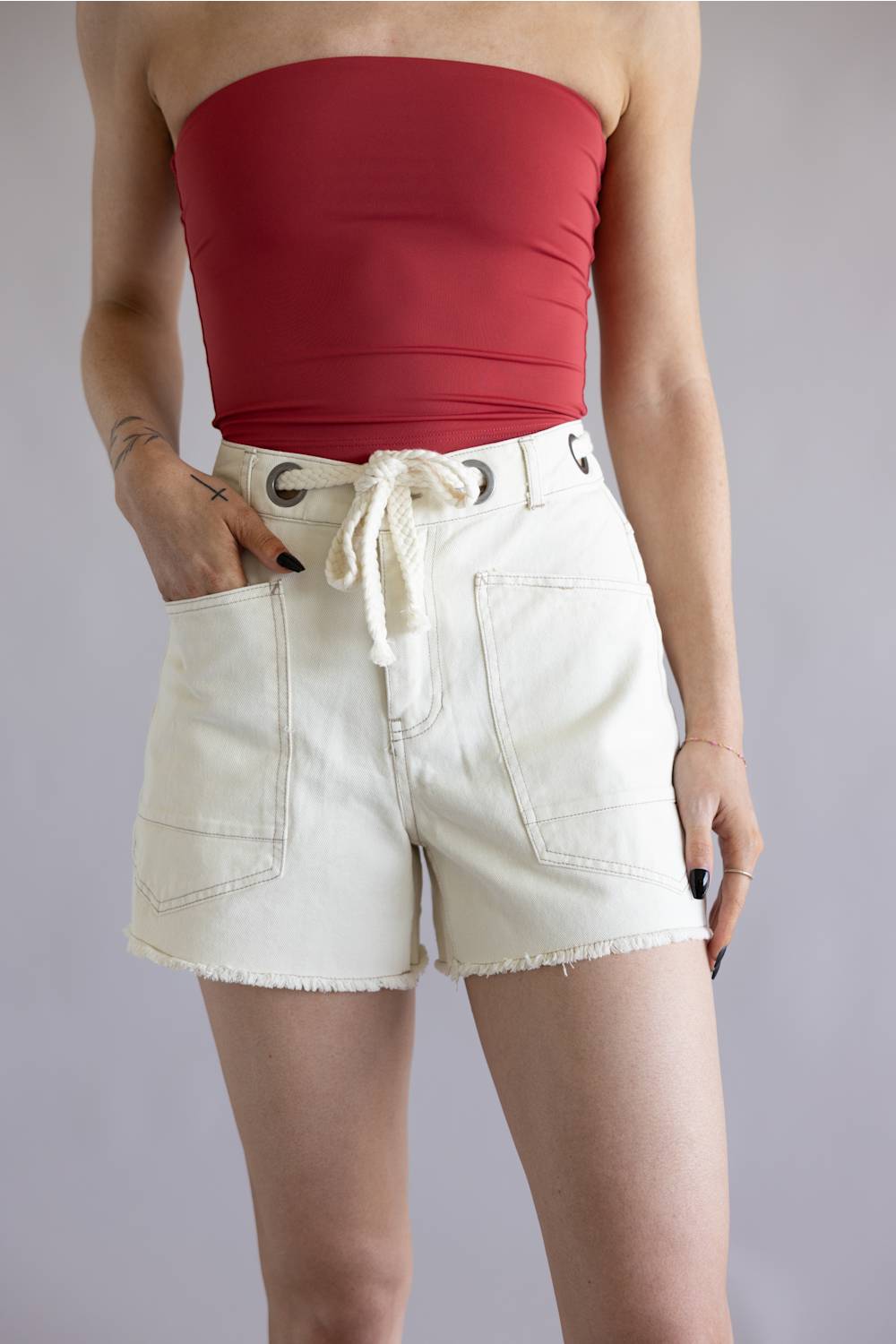 Braided Tie Waist Denim Shorts for Women in Ecru