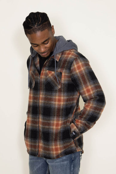 Brooklyn Cloth Zip Front Flannel Hooded Shirt Jacket for Men in Brown/Grey