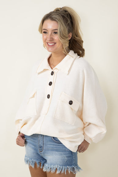 Bucketlist French Terry Fleece Button Up Sweater for Women in Cream