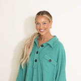 Bucketlist French Terry Fleece Button Up Sweater for Women in Green