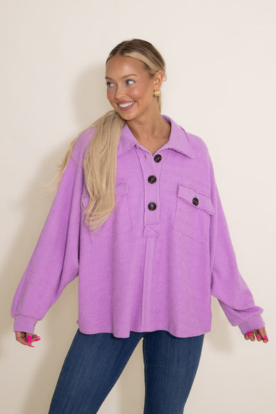 Bucketlist French Terry Fleece Button Up Sweater for Women in Purple