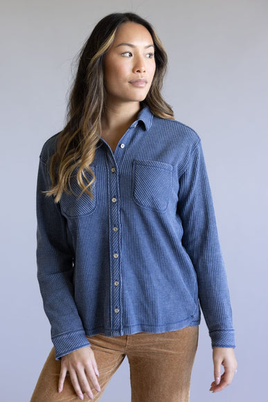 C&C California Mineral Wash Thermal Button Front Shirt for Women in Vintage Indigo