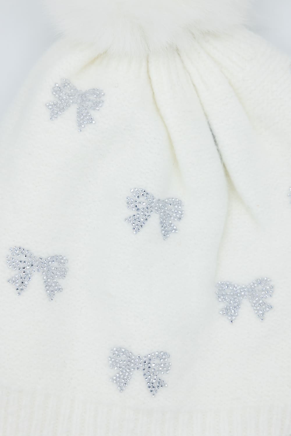 C.C. Bow Rhinestone Pom Beanie for Women in White