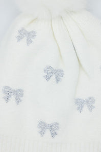 C.C. Bow Rhinestone Pom Beanie for Women in White