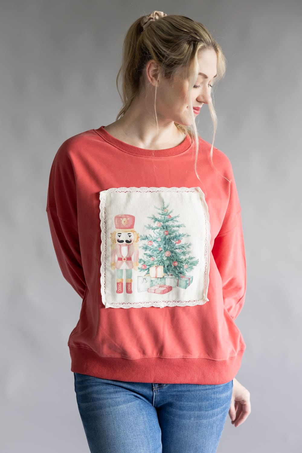 Christmas Corduroy Patch Sweatshirt for Women in Dark Coral