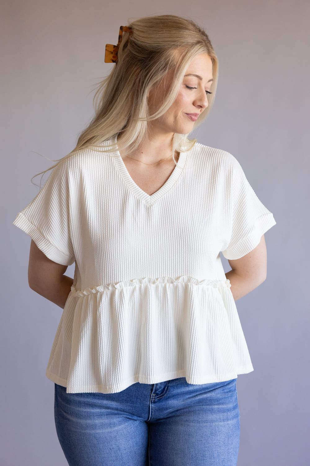 Simply Southern Corded Ruffle Top for Women in Pearl | PP-0126-TOP