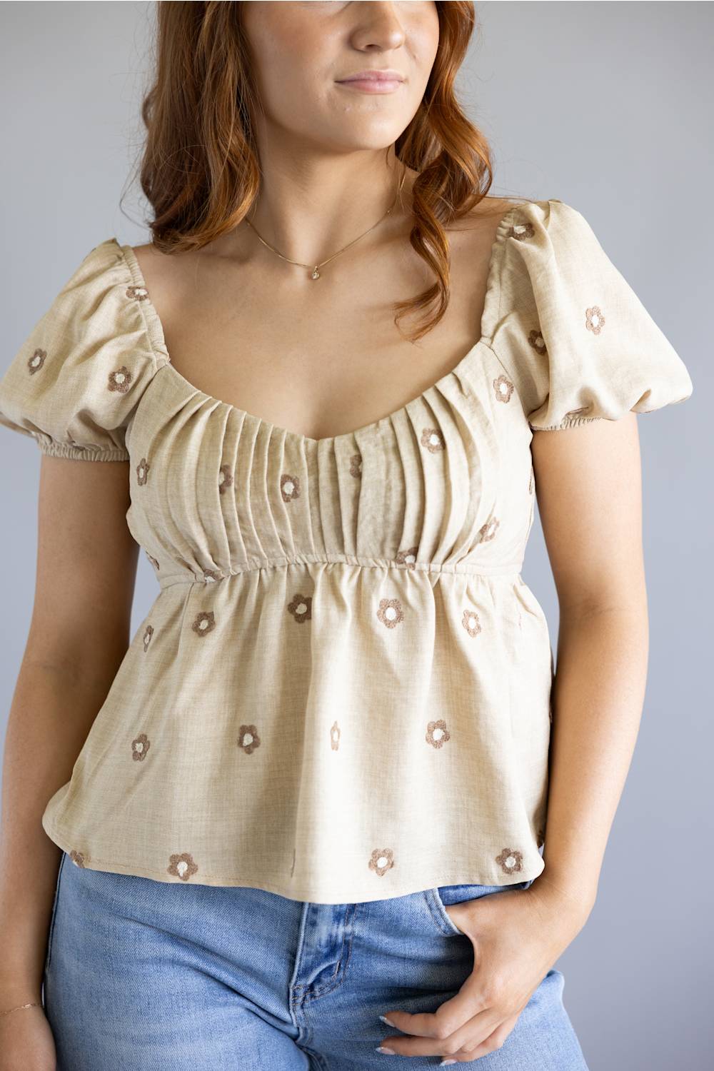 Blu Pepper Woven Floral Puff Sleeve Top for Women in Taupe