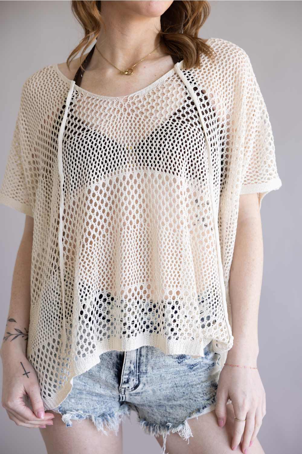 Crochet Tie Poncho for Women in Beige