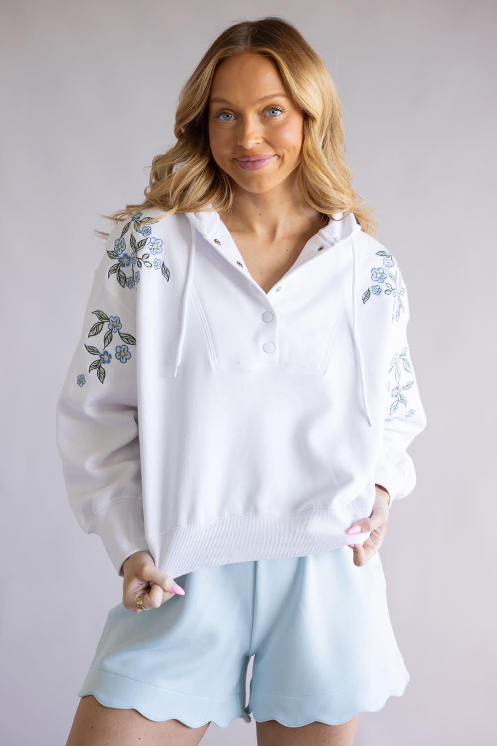 Simply Southern Crop Snap Hoodie for Women in Blue Flower | PP