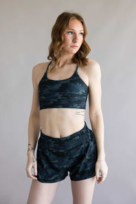 Local Girl Crossover Strap Sports Bra for Women in Black Camo