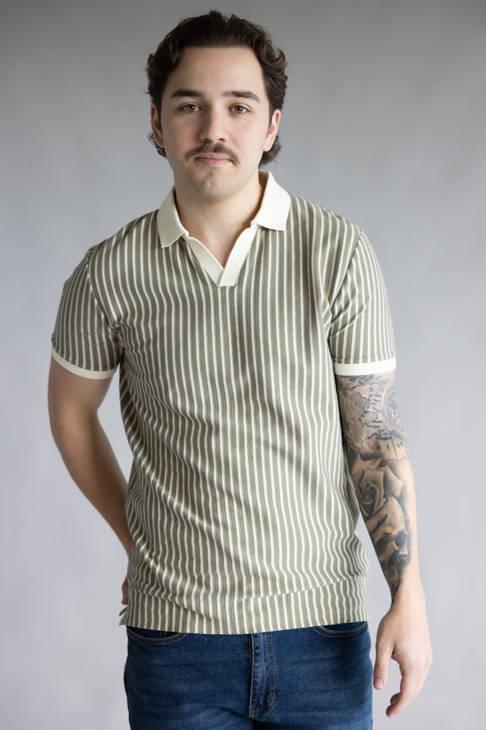 Denim & Flower Striped Crotchet Knit Sweater Polo for Men in Green/Cream